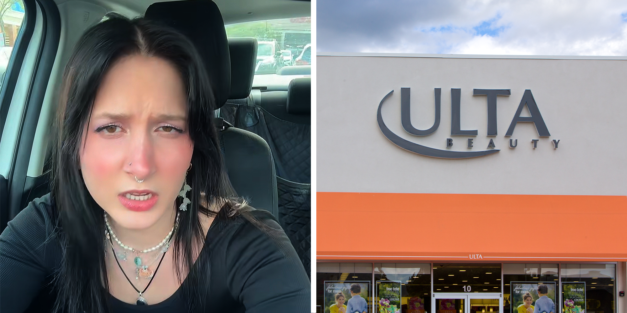 Ulta employee sitting in car on left. Ulta storefront on right.