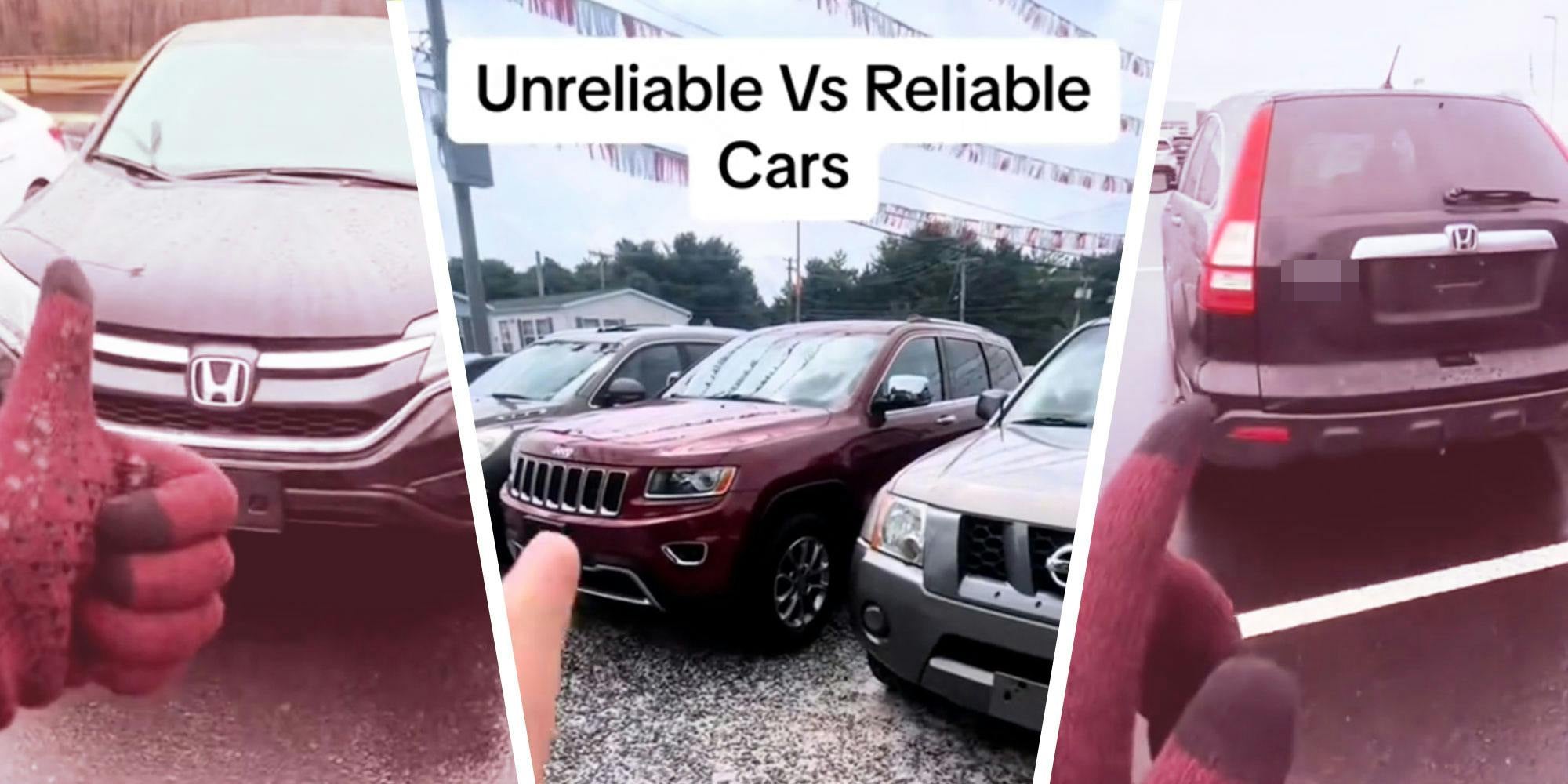Screenshots of Tiktok user @rudycars2 pointing at various cars; Caption: 'Unreliable Vs Reliable Cars'
