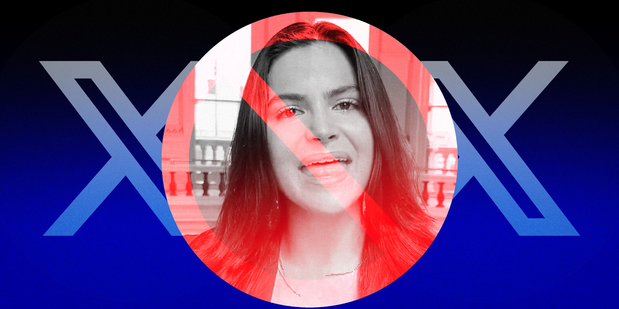 Photo collage of GOP candidate Valentina Gomez speaking with a banned symbol over her and the X logo behind.