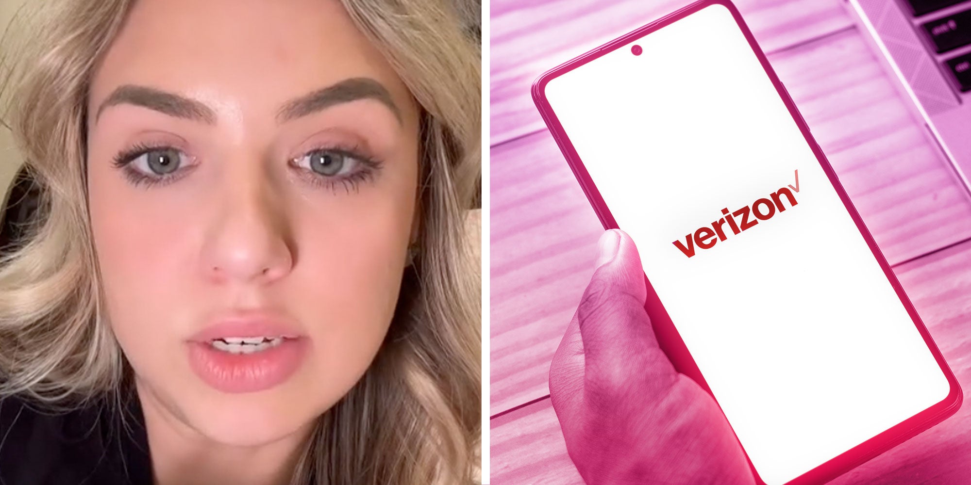 Left: Screeenshot of Tiktok user @ericakate_; Right: Photo of a hand holding a phone with the Verizon logo on the screen.