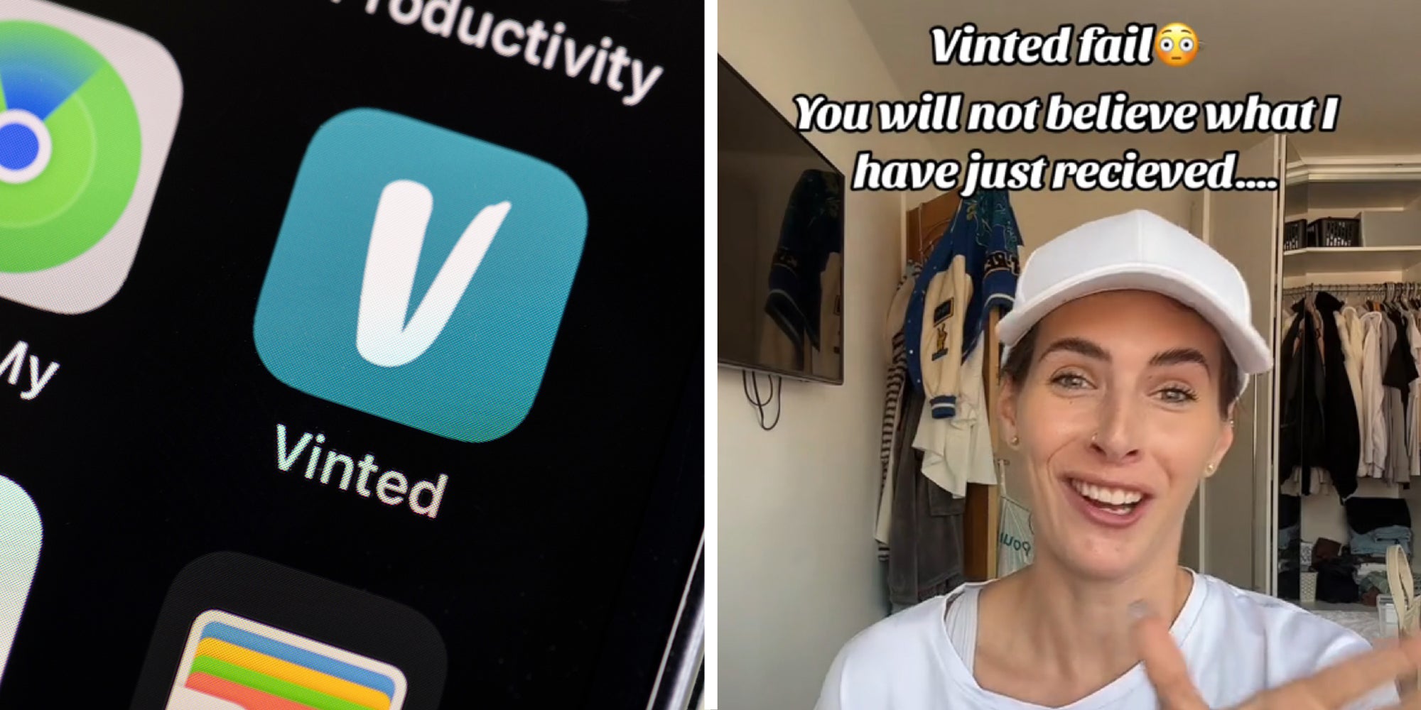 2 panel image: on the left is the Vinted logo on a smartphone and on the right a person explains.