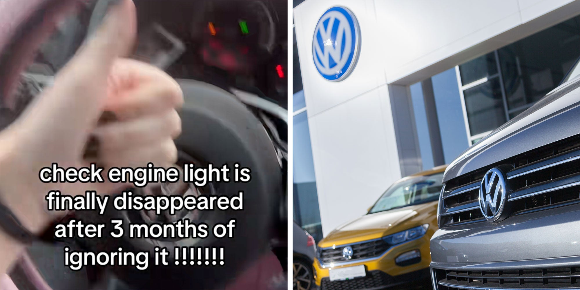 Screenshot of Tiktok user @bettythebeetlee at their steering wheel with the caption "check engine light is finally disappeared after 3 months of ignoring it !!!!!!!!"