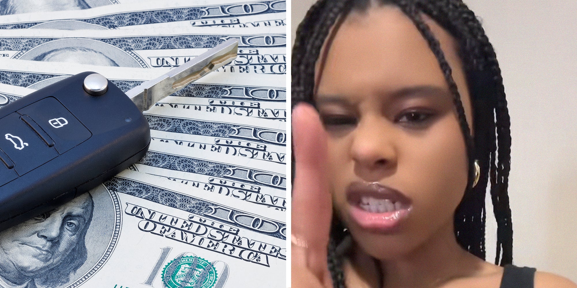 key on top of money(l) Woman sharing experience of buying a vehicle(r)