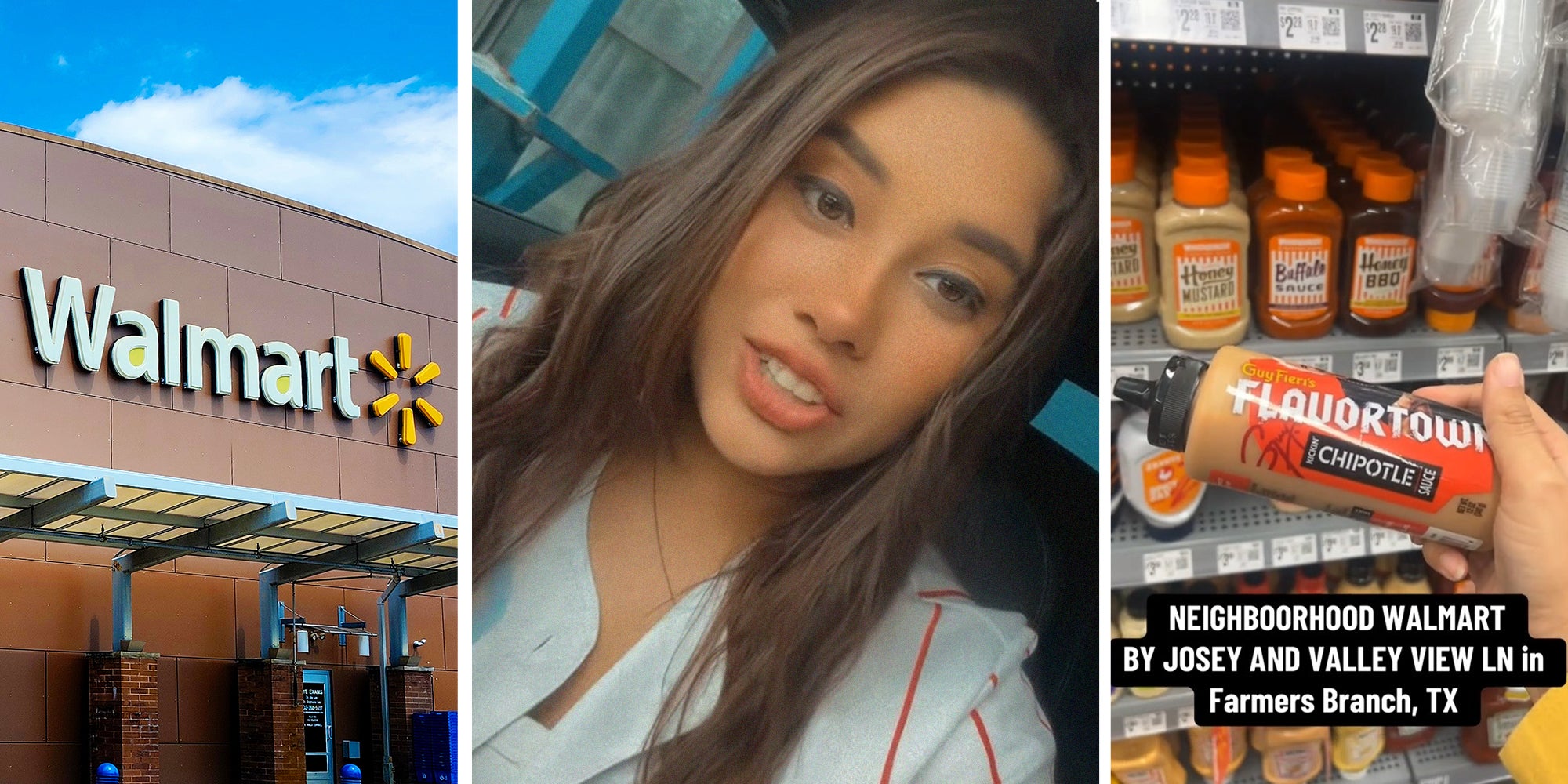 Walmart Store Front(l) Woman shares what she purchases at walmart(c) FlavorTown Chipotle(r)