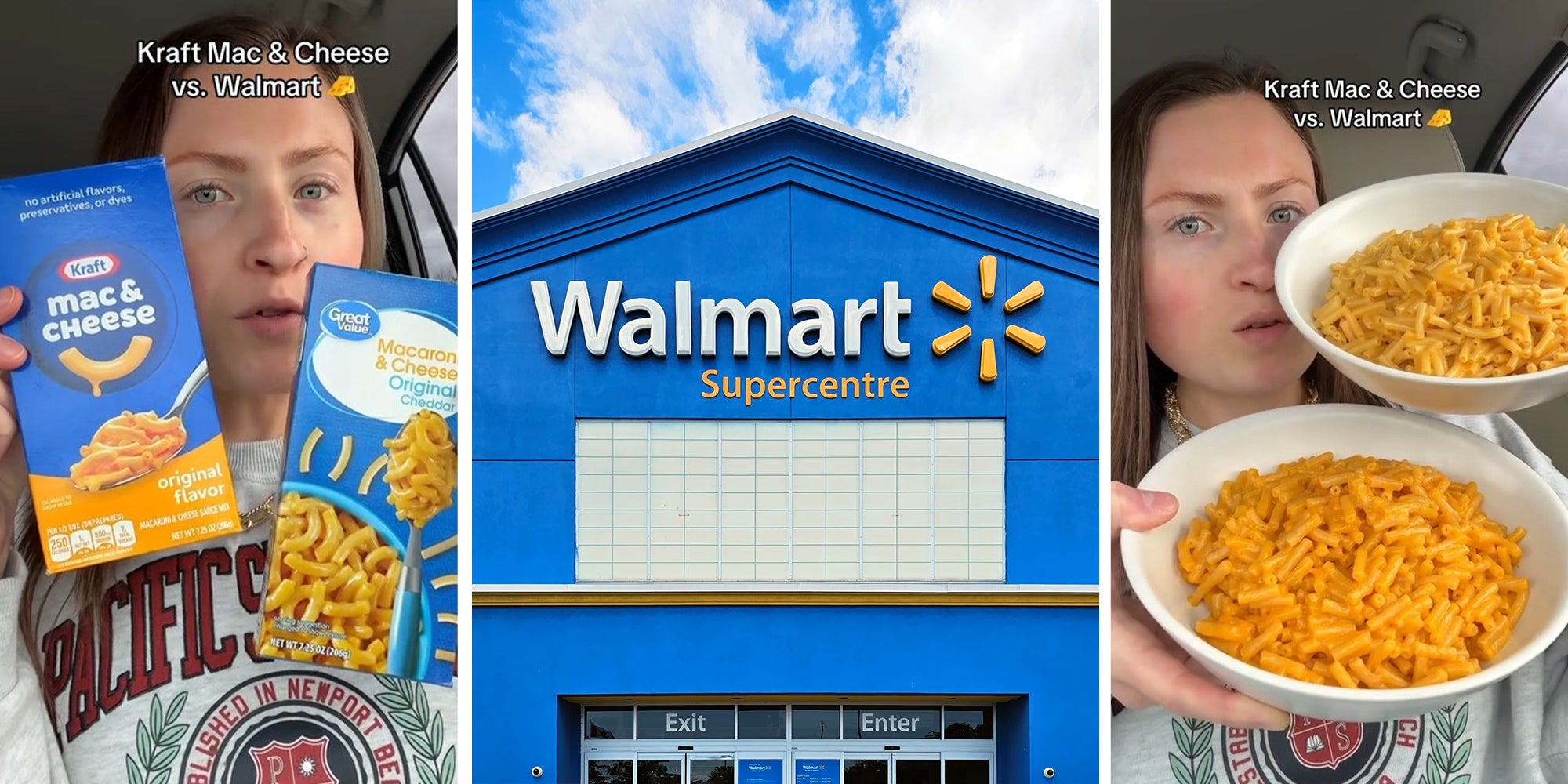 woman holds up two different boxes of mac and cheese(l) Walmart Store Front(c) woman holds up two plates of mac and cheese(r)