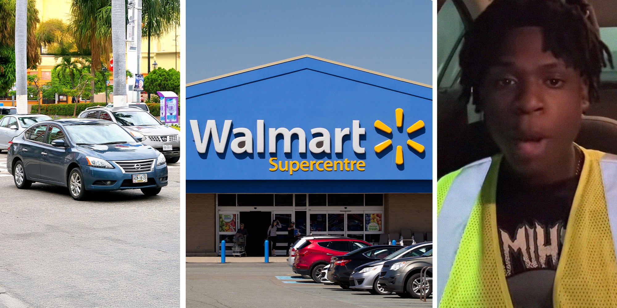 Nissan Sentra(l) Walmart Store Front(c) Walmart Worker shares story(r)