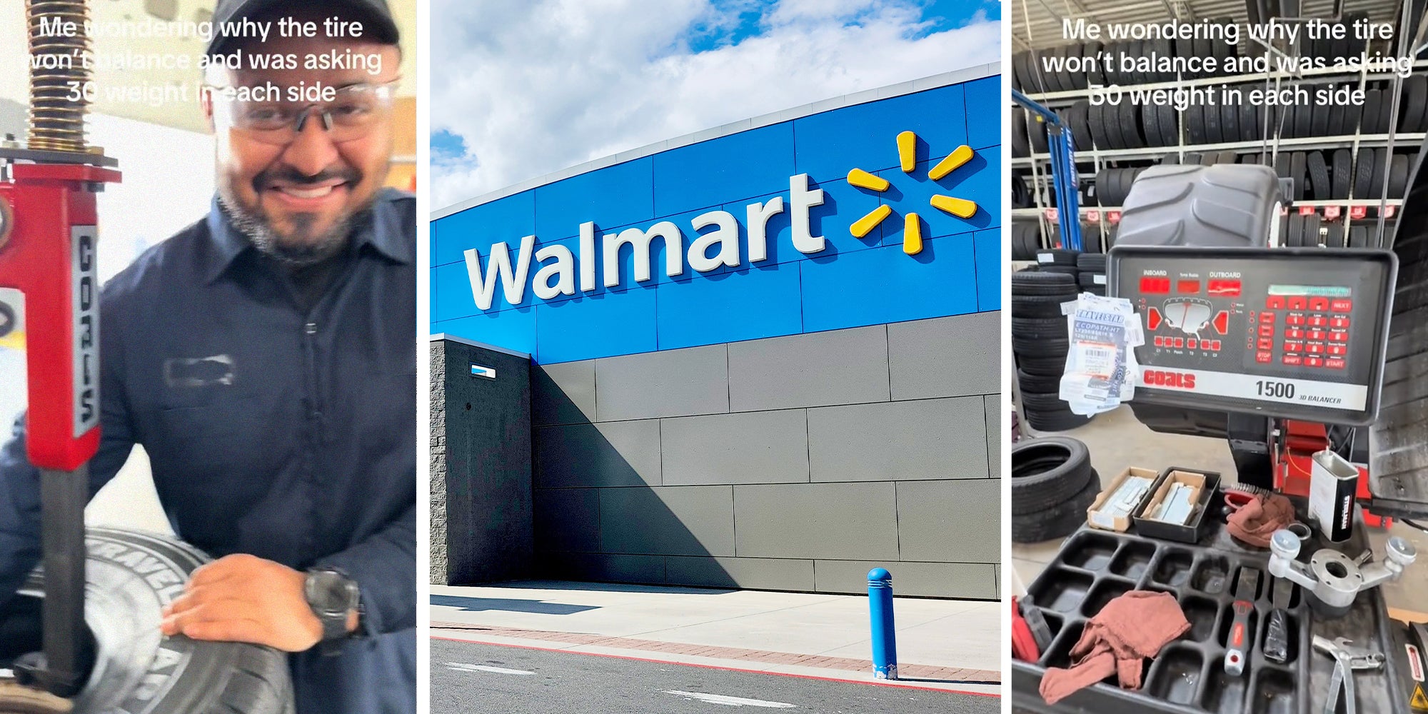 mechanic removing rim from tires(l) Walmart Store Front(c) Tire Balancing Machine(r)