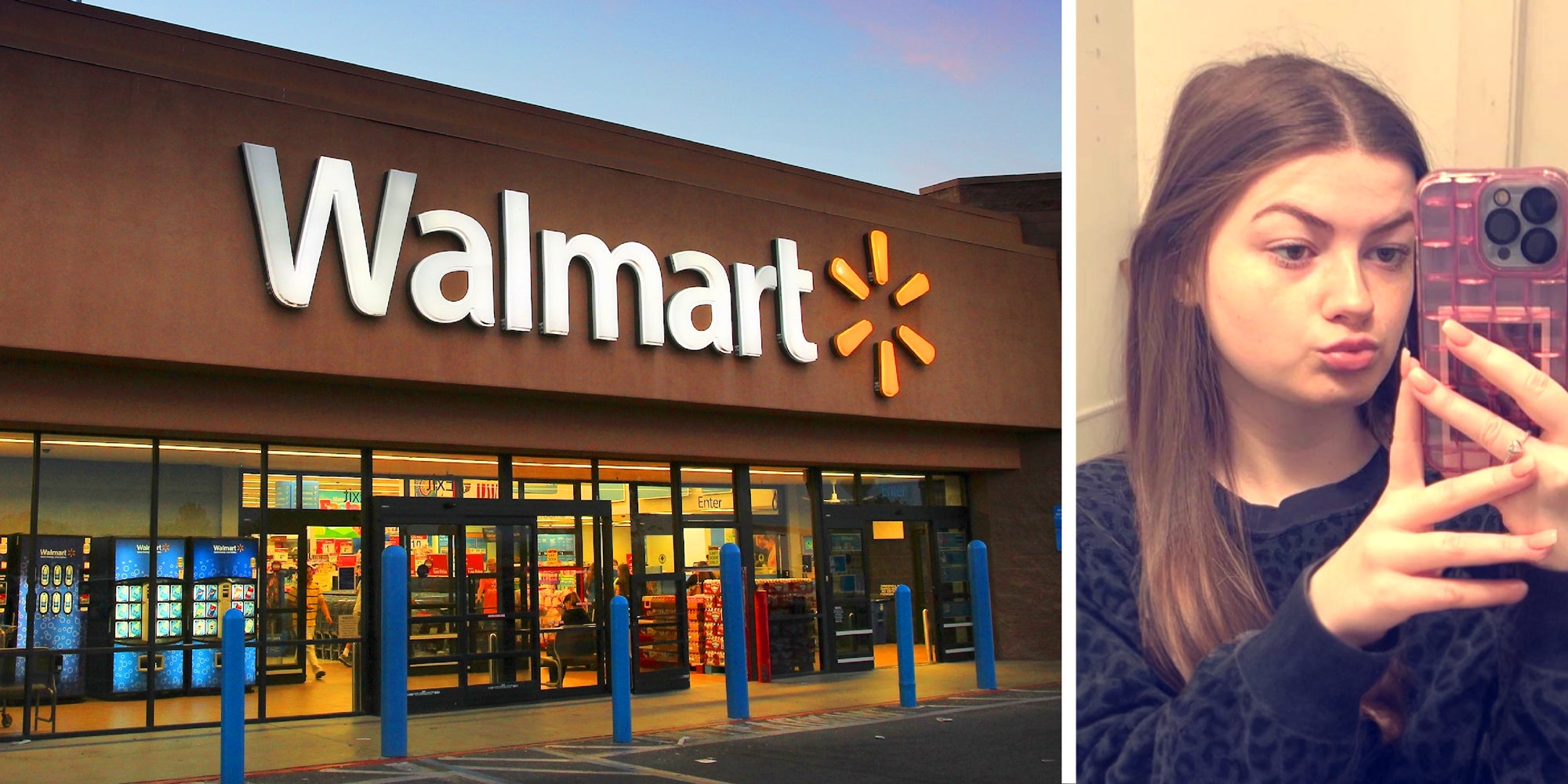 2 panel image: on the left is a Walmart store and on the right a person takes a selfie.