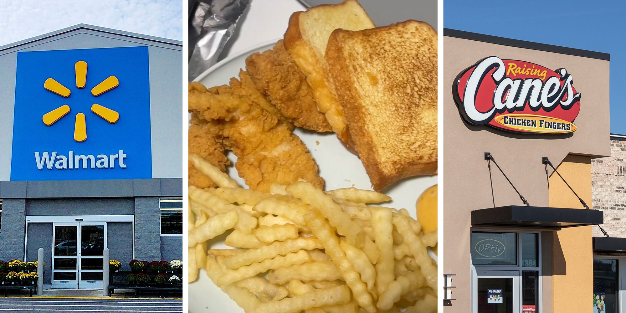 Left: Photo of a Walmart exterior; Center: Screen shot from @foreignkaekay's Tiktok of a homemade Raising Cane's dupe meal; Right: Photo of a Raising Cane's exterior.