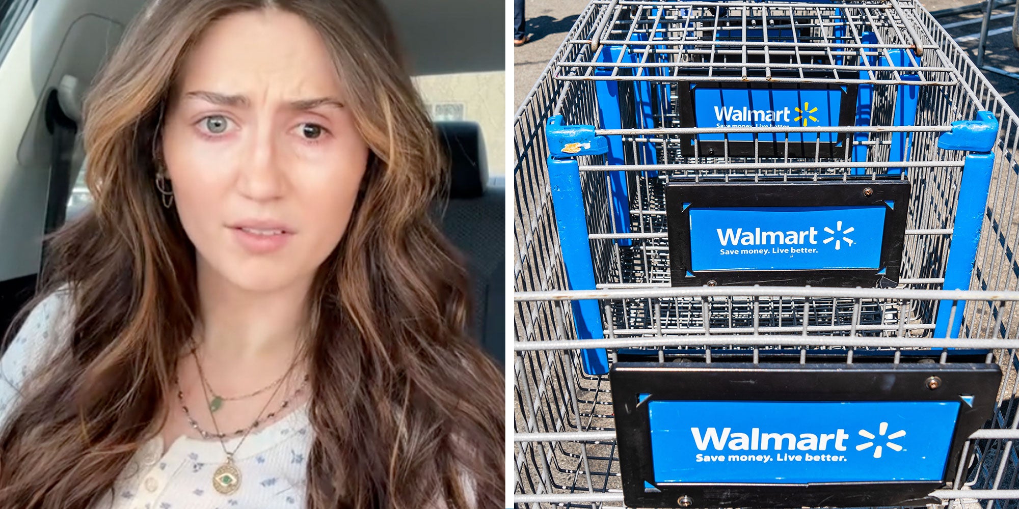 Screenshot of Tiktok user @saddywitafatty; Photo of three Walmart shopping carts.