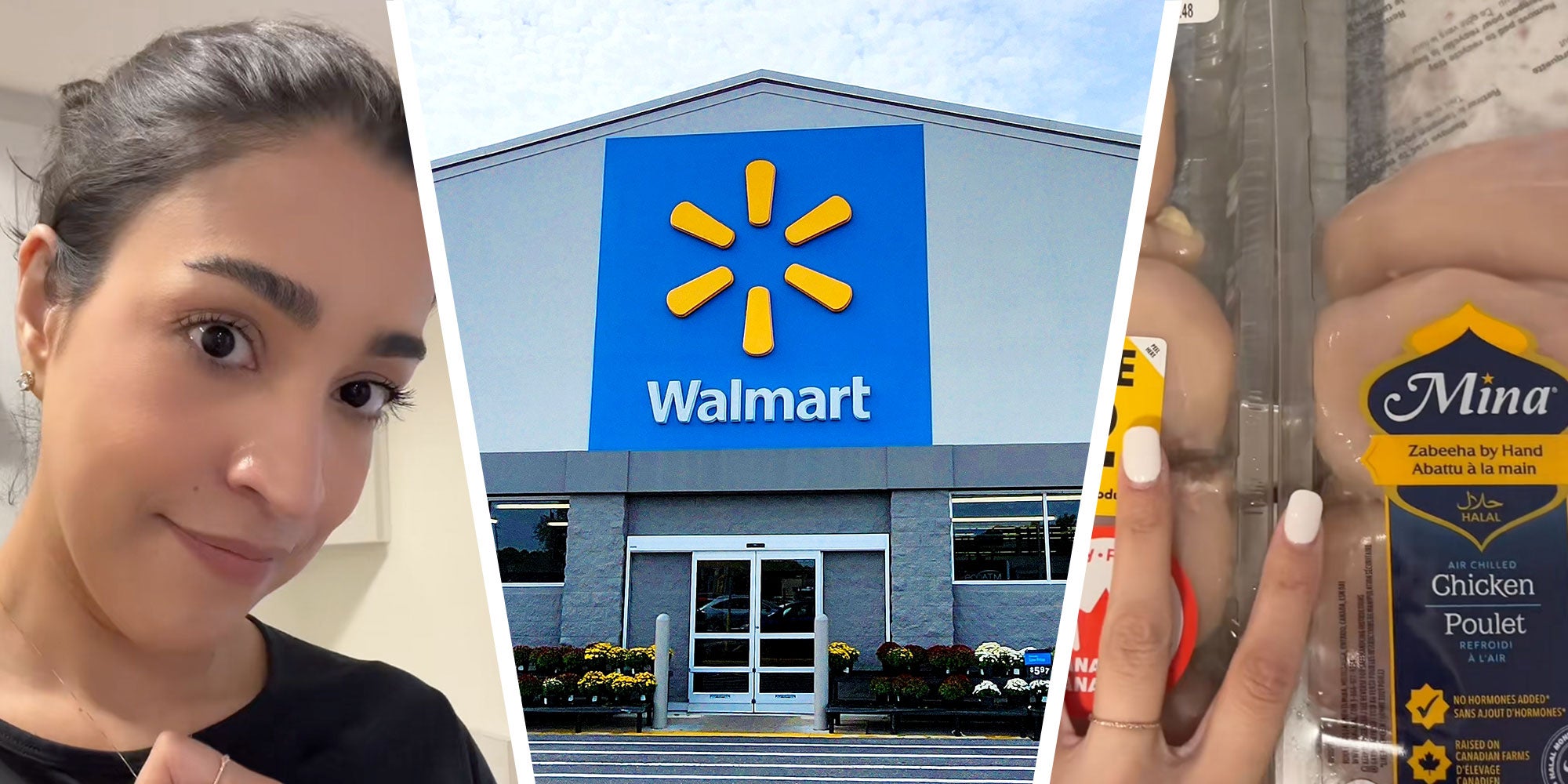 Left: Screenshot of Tiktok user @larissaltd; Center: Photo of a Walmart exterior; Right: Screenshot of Tiktok user @larissaltd's hand on a package of chicken.