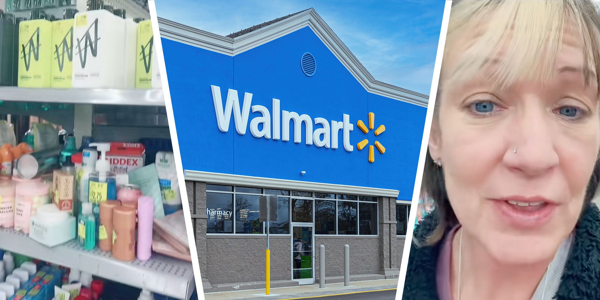 Left: A Walmart Clearance shelf; Center: Photo of a Walmart store; Right: Screenshot of Tiktok user @colleen4376.
