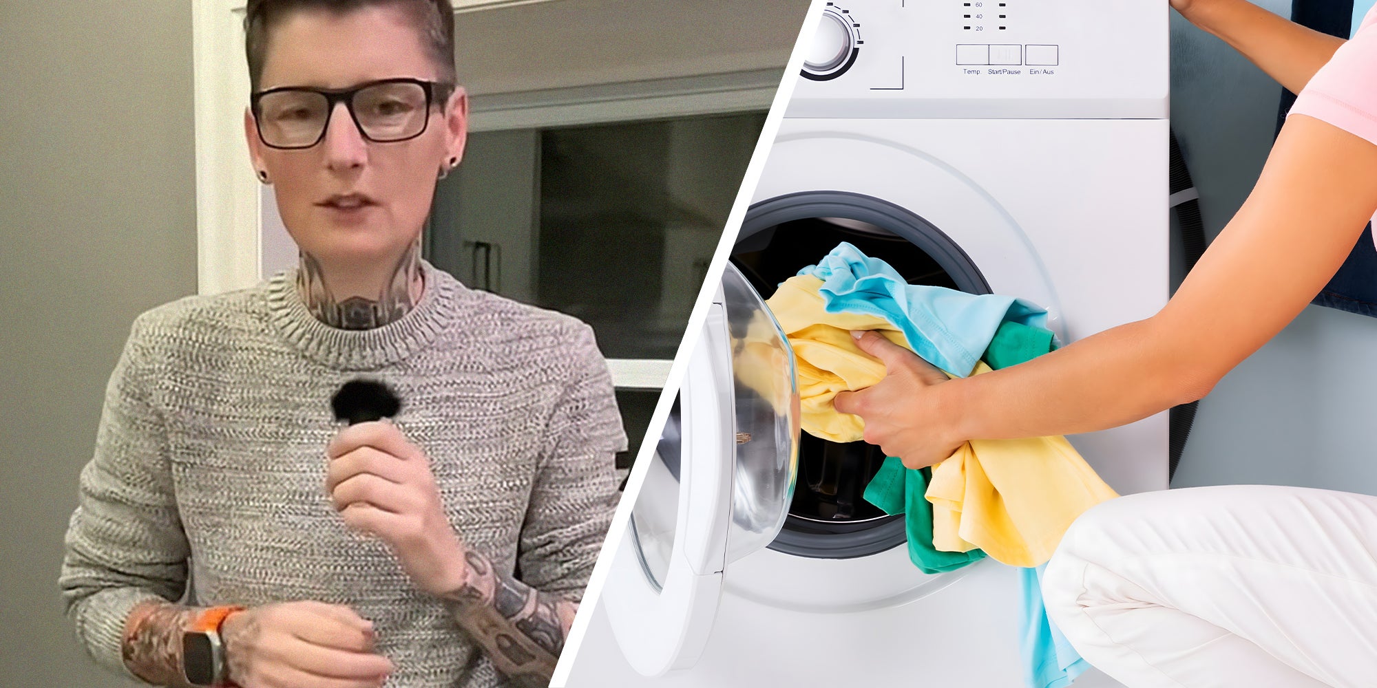 Woman warns about using hot water to wash clothes(l) Woman putting in color clothes into washing machine(r)