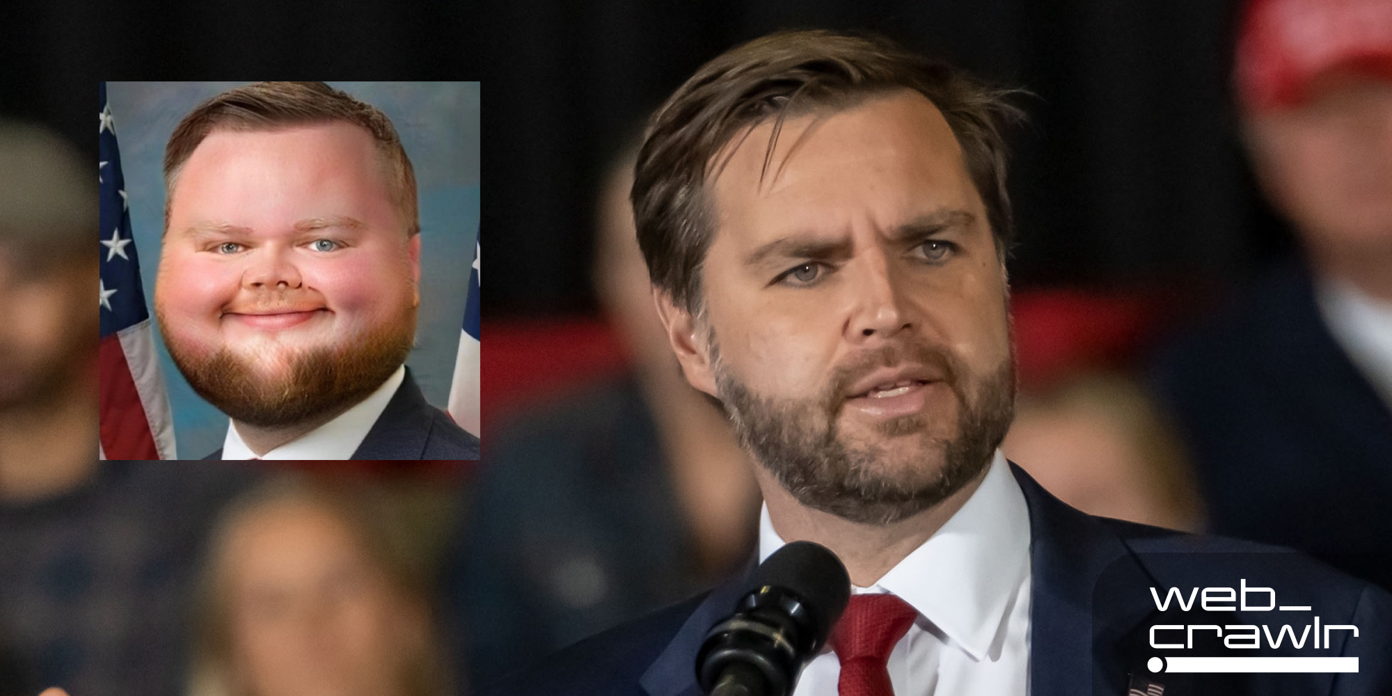 JD Vance next to a meme of him with a baby face. The Daily Dot newsletter web_crawlr logo is in the bottom right corner.