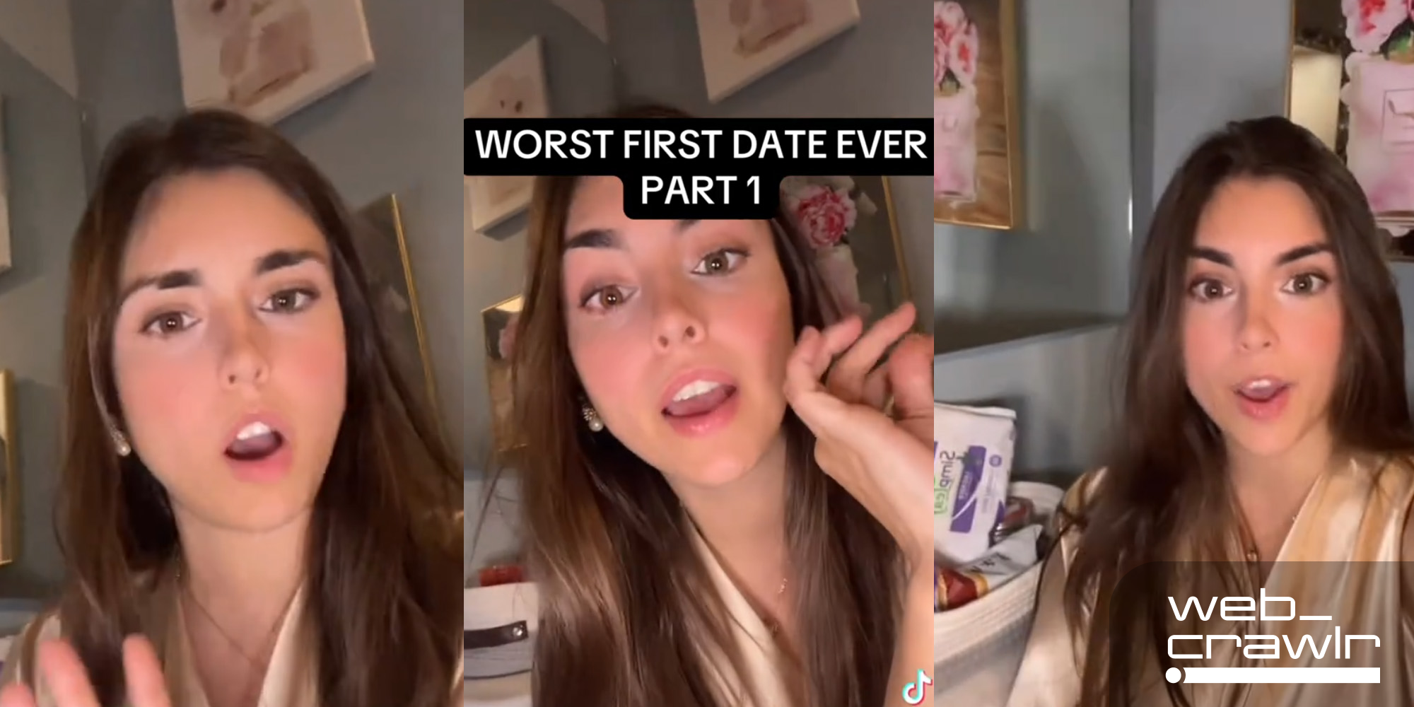 Three screenshots of a woman talking to the camera. There is text that says 'Worst First Date Ever.' The Daily Dot newsletter web_crawlr logo is in the bottom right corner.