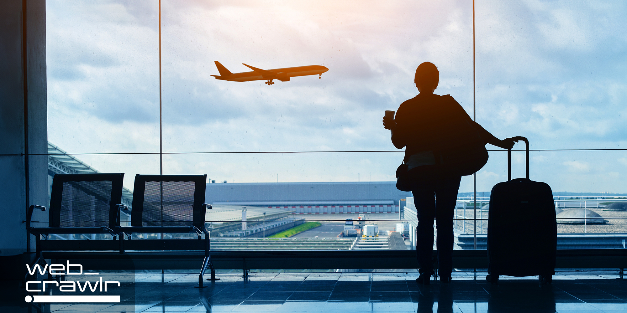 A person at an airport watching a plane fly by. The Daily Dot newsletter web_crawlr logo is in the bottom left corner.