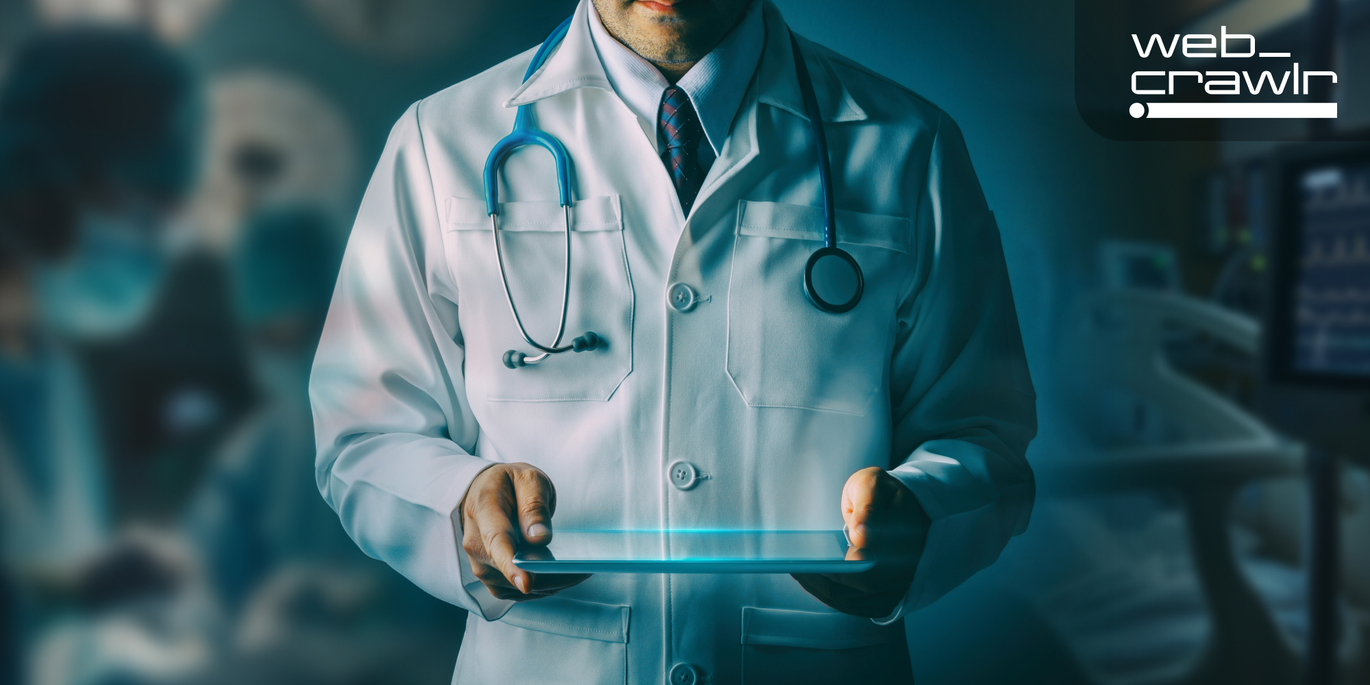 A doctor holding a tablet. The Daily Dot newsletter web_crawlr logo is in the top right corner.