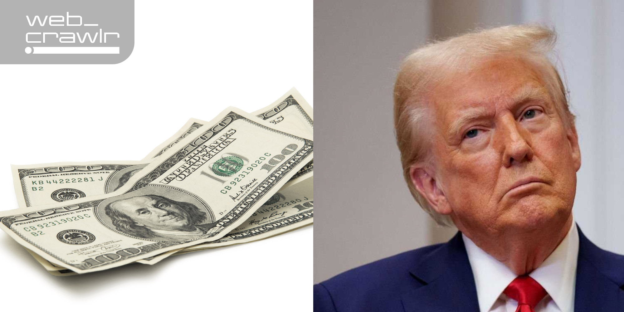 A 100 dollar bill and Donald Trump. The Daily Dot newsletter web_crawlr logo is in the top left corner.