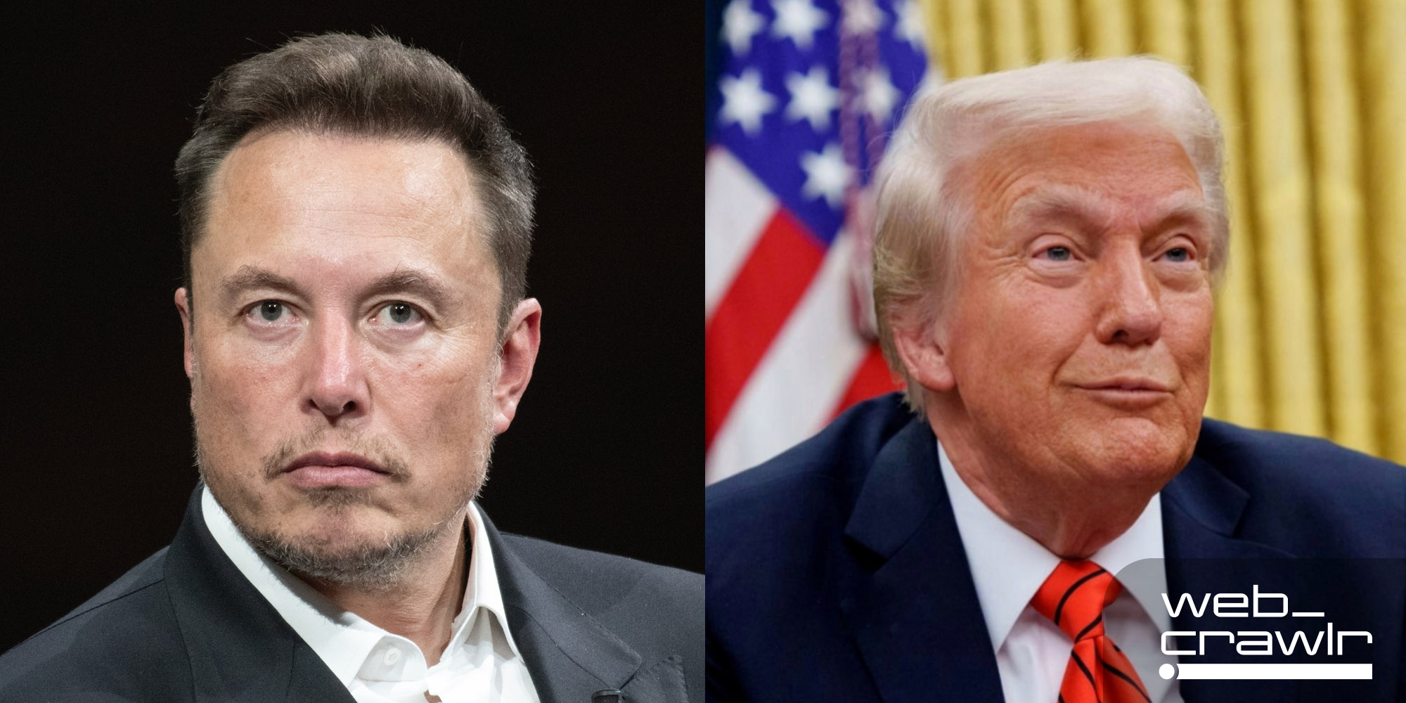 Elon Musk and Donald Trump. The Daily Dot newsletter web_crawlr logo is in the bottom right corner.