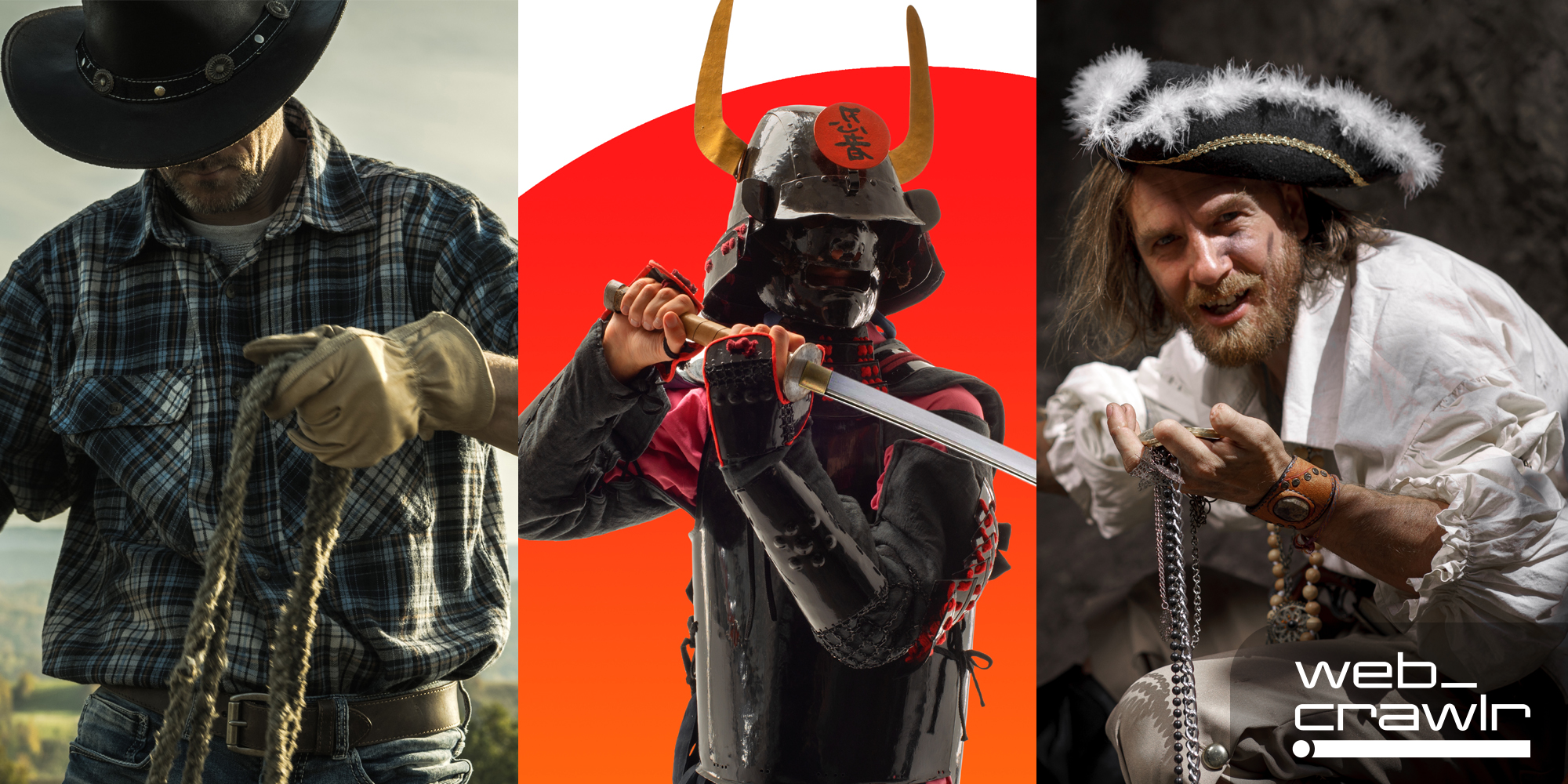 A cowboy, a samurai, and a pirate. The Daily Dot newsletter web_crawlr image is in the bottom right corner.
