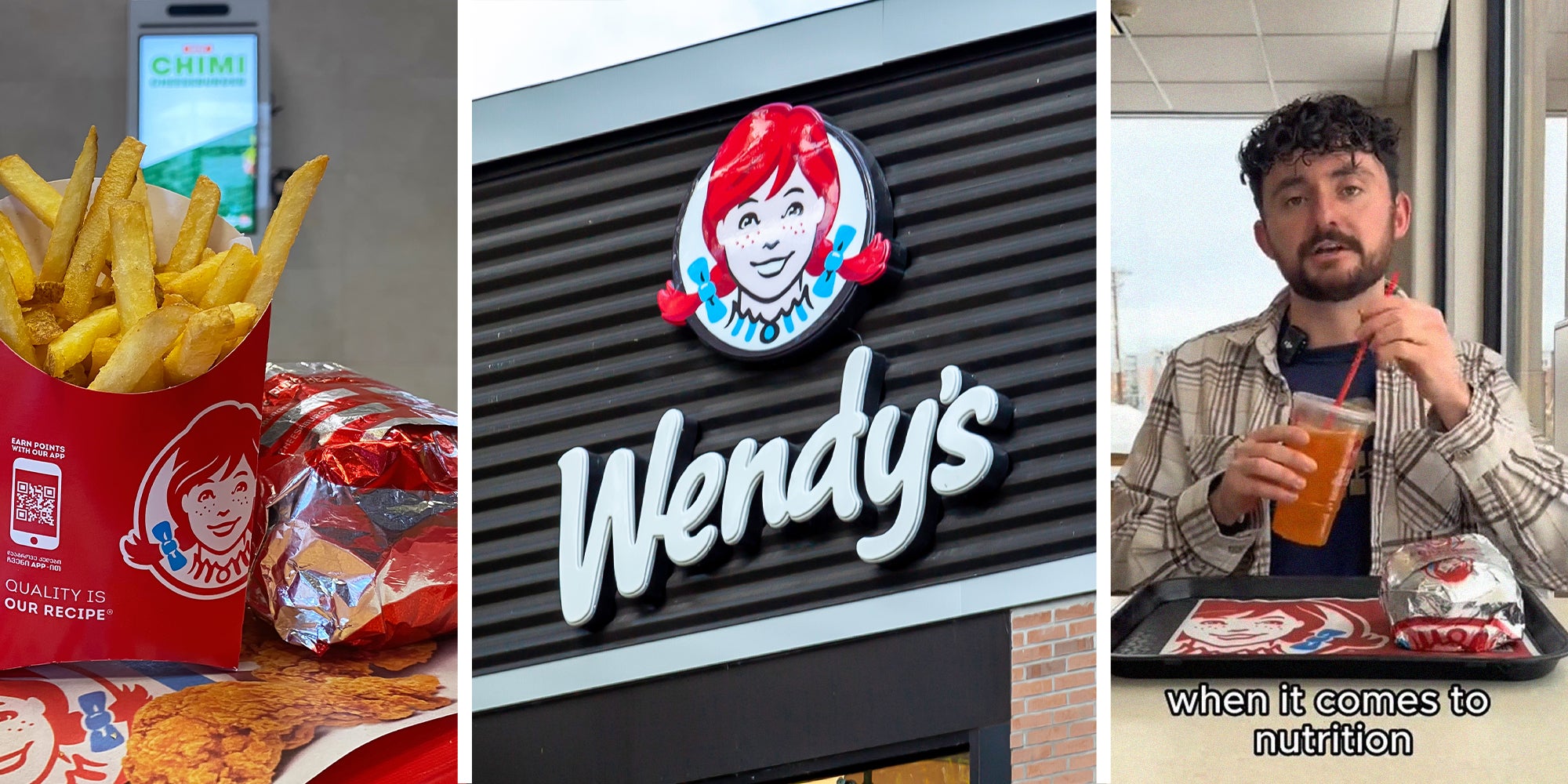 Wendy's Meal with fries and burger(l) Wendy's Logo on building(c) Man shares Wendy's nutrition benefit(r)