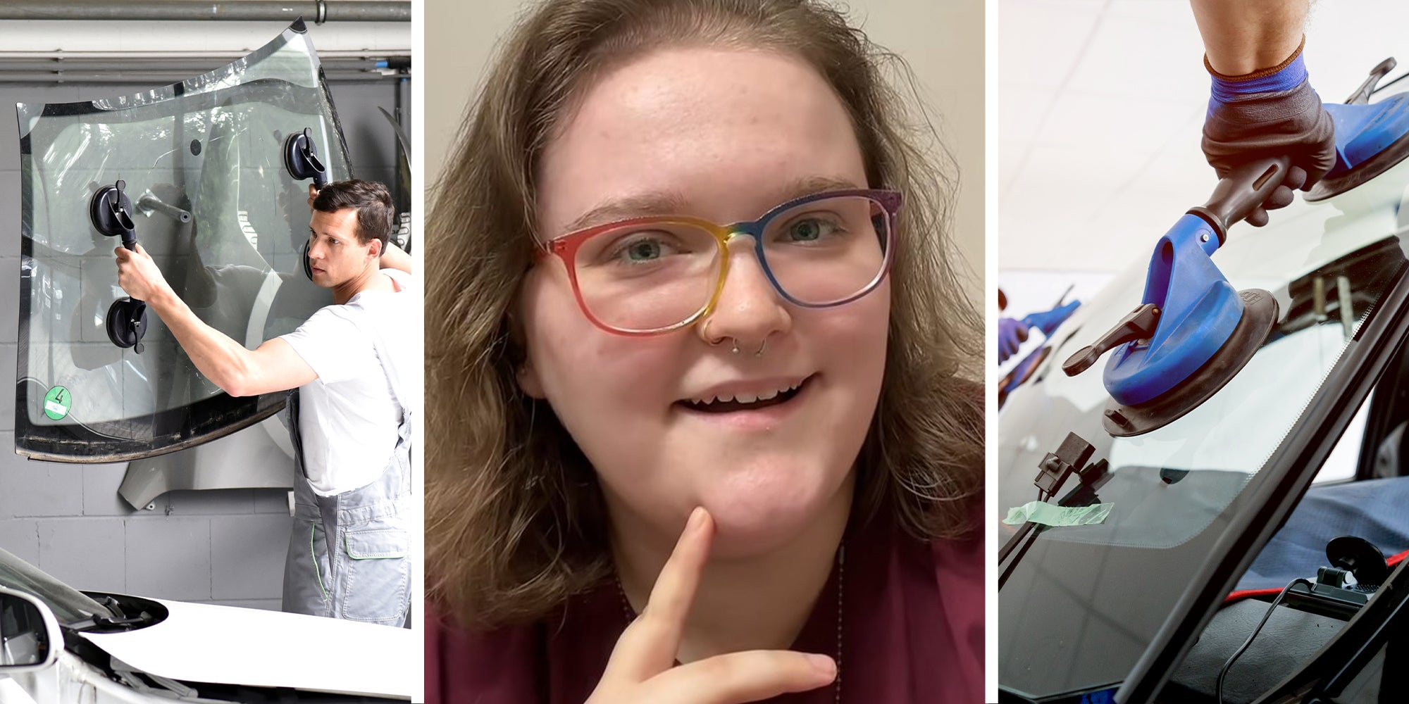 man holding up windshield with suction cup tools(l) Woman shares issues with her vehicle repair(c) Windshield being installed on car(r)