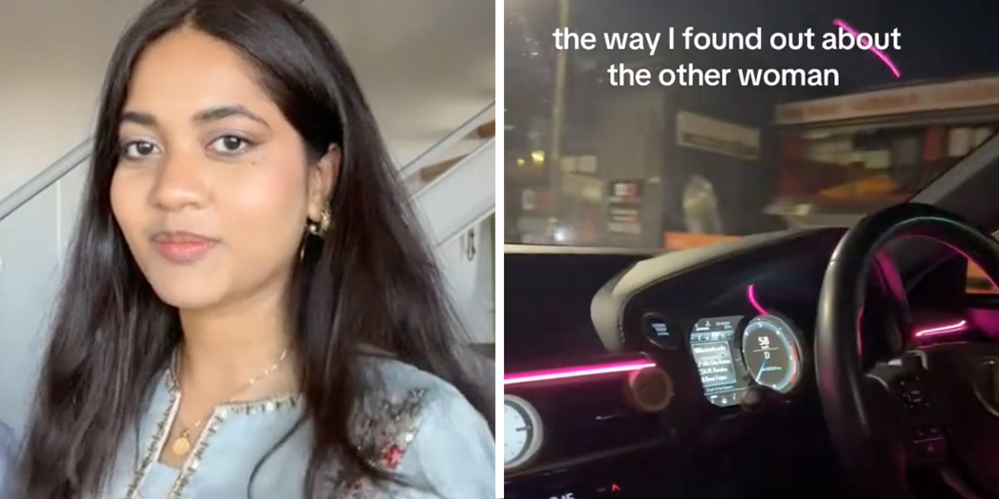 Woman(l), Inside car with text 'the way I found out about the other woman'(r)