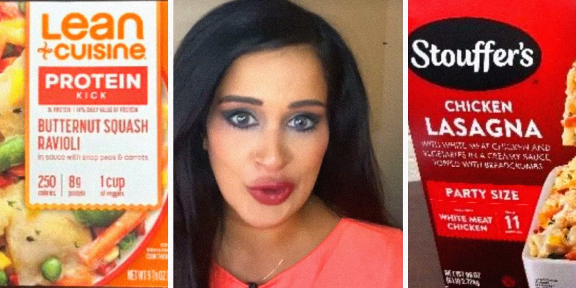 3 panel image: on the sides are frozen foods and in the middle a person explains.