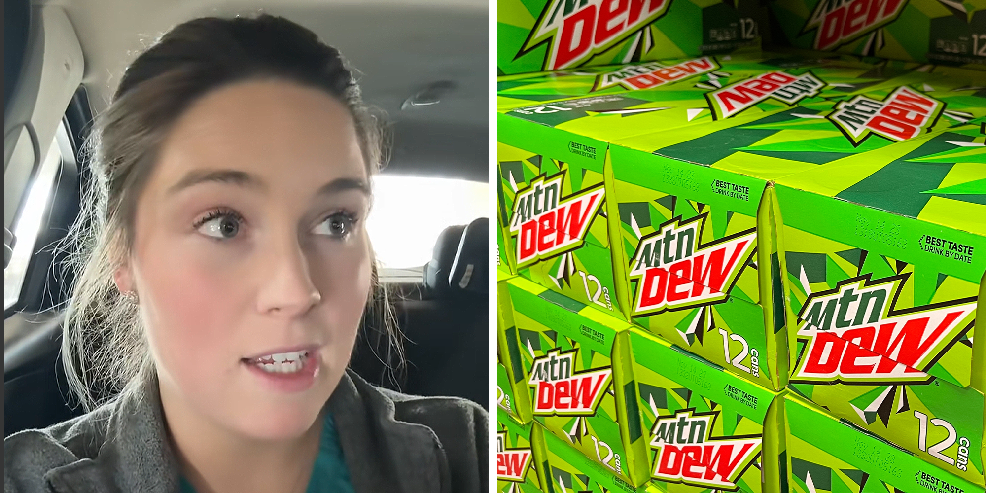 Woman sitting in car on left. Mountain Dew boxes in store on right.