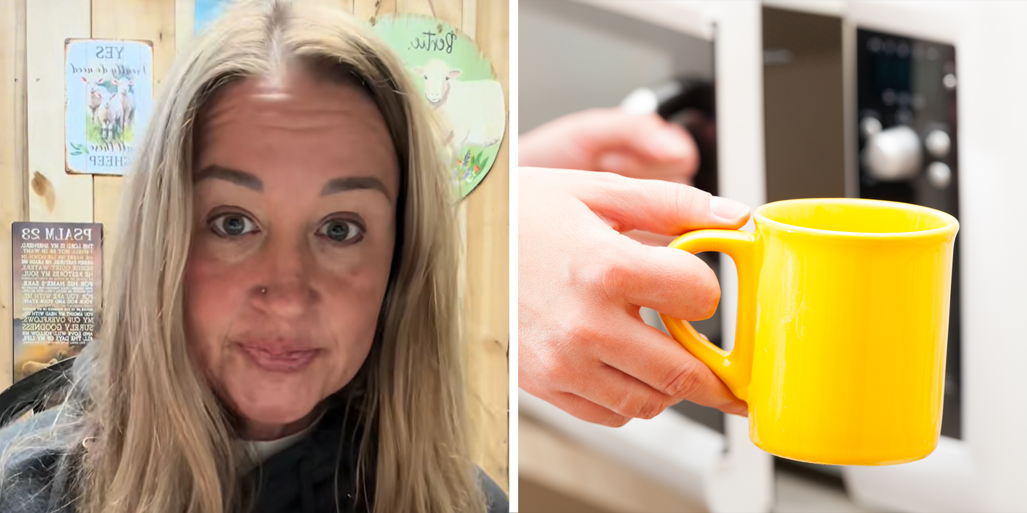 2 image split. Woman in room with stern look on face on left. Someone placing mug in microwave on right.