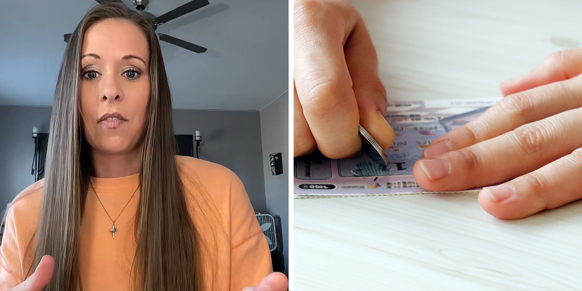 Woman, in orange long sleeve, explaining lottery experience on left. Person scratching off lottery ticket on right.