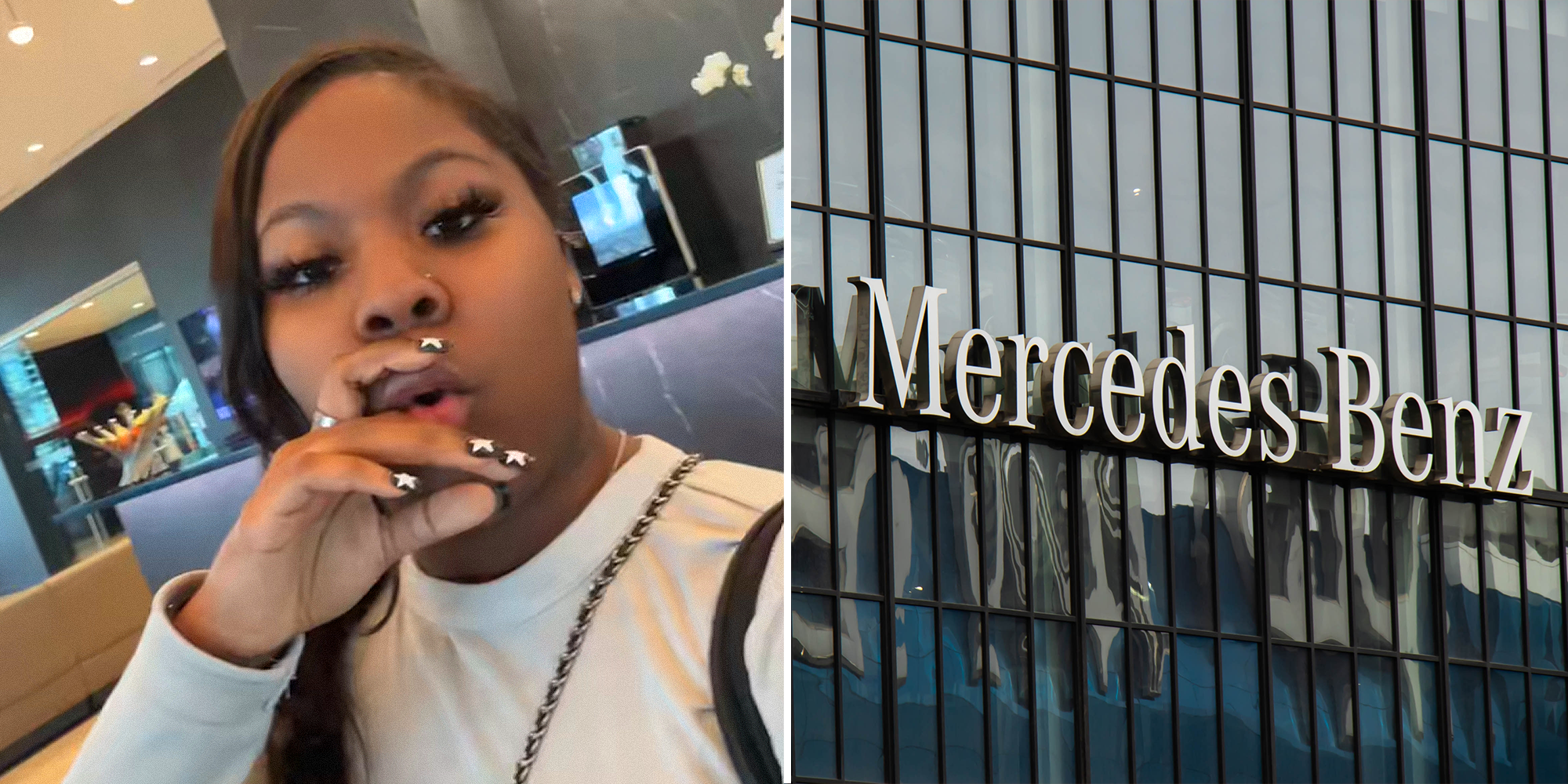 Woman looking shocked while holding hand to mouth in car dealership on left. Mercedes-Benz logo on building on right.