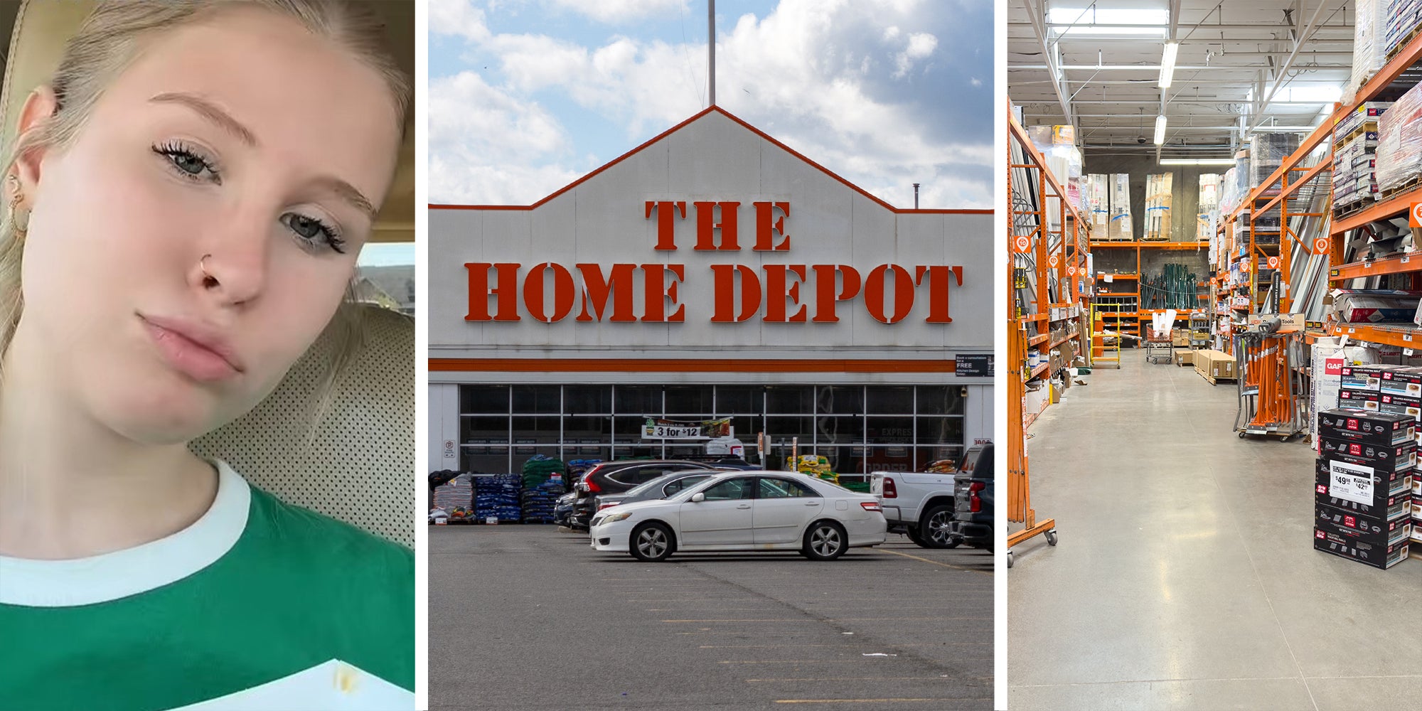 woman wearing green shirt(l) The home depot store front(c) home depot interior(r)