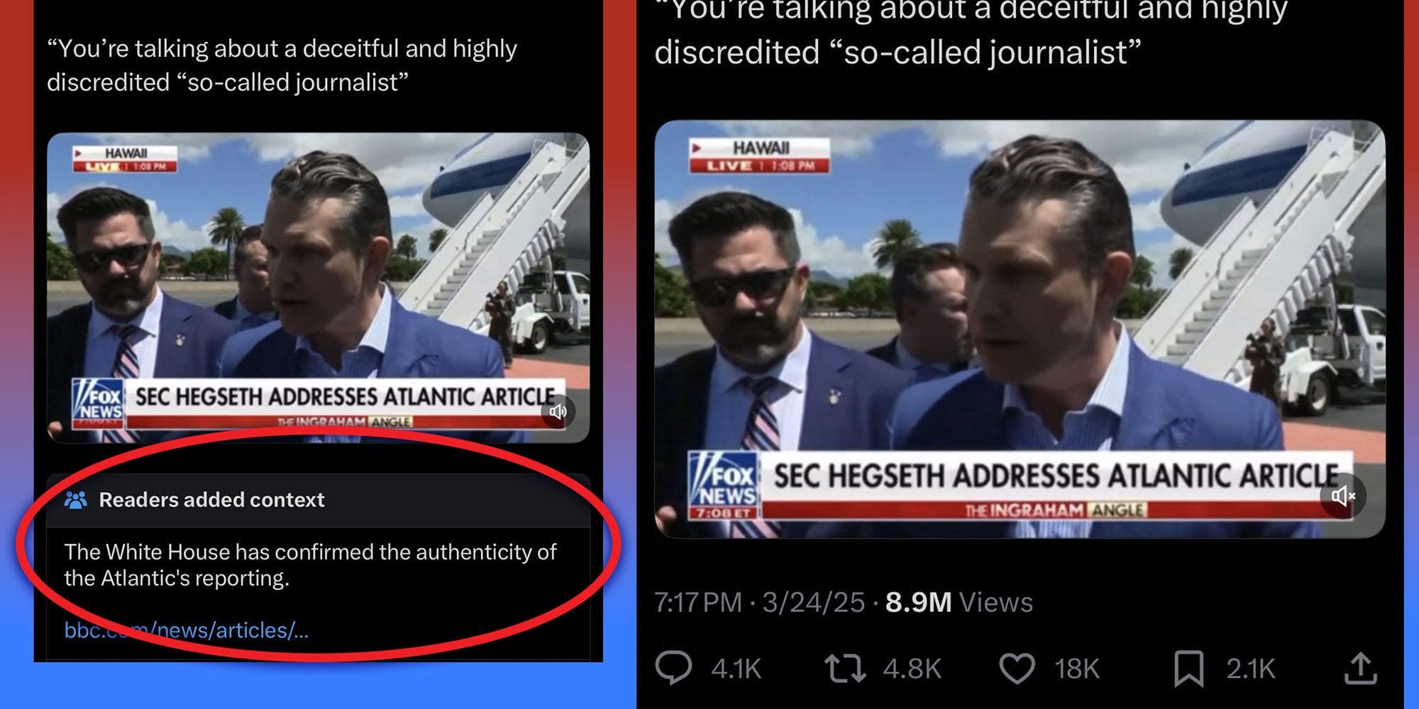 Screenshot from X user @AlexHortonTX of a Tweet from @DODResponse with a Community note and the same tweet without one.