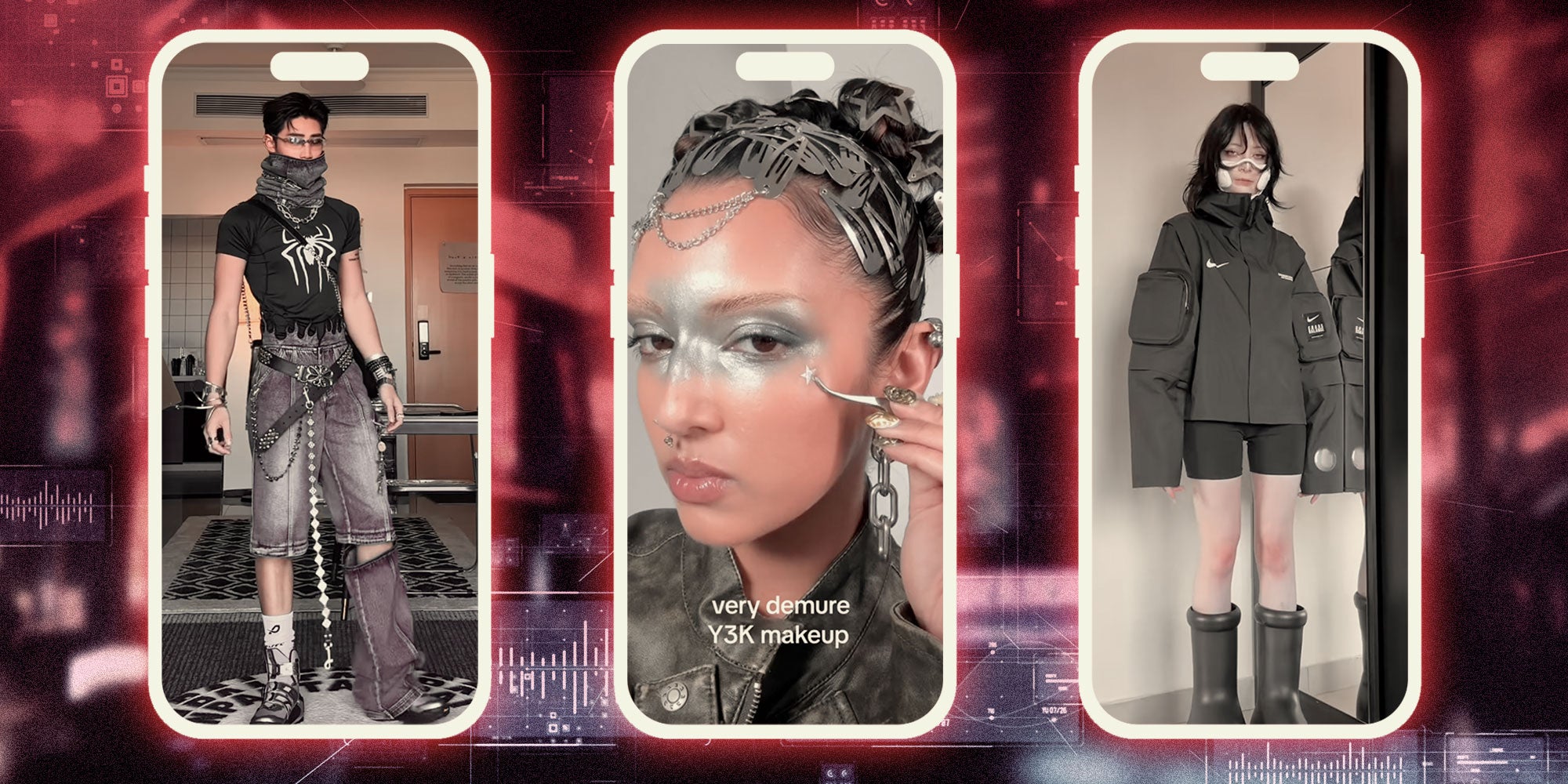 Left: Screenshot of @xiaoxin3711 in Y3k-styled outfit; Center: Screenshot of @rowisingh applying makeup with the caption: "very demure Y3K makeup"; Right: Screenshot of @pitayaq in a Y3k-styled outfit. Background: A futuristic dystopian city.