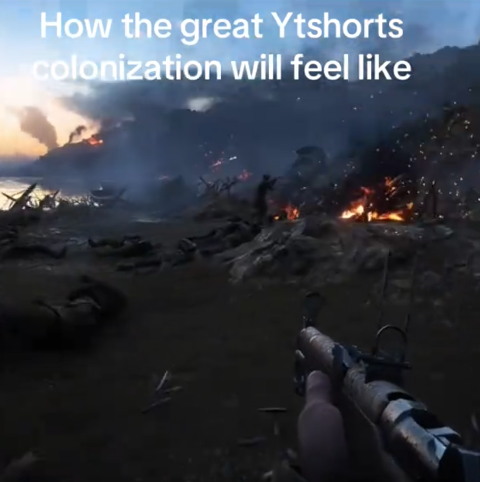 YouTube Shorts colonization TikTok with footage from a war video game.