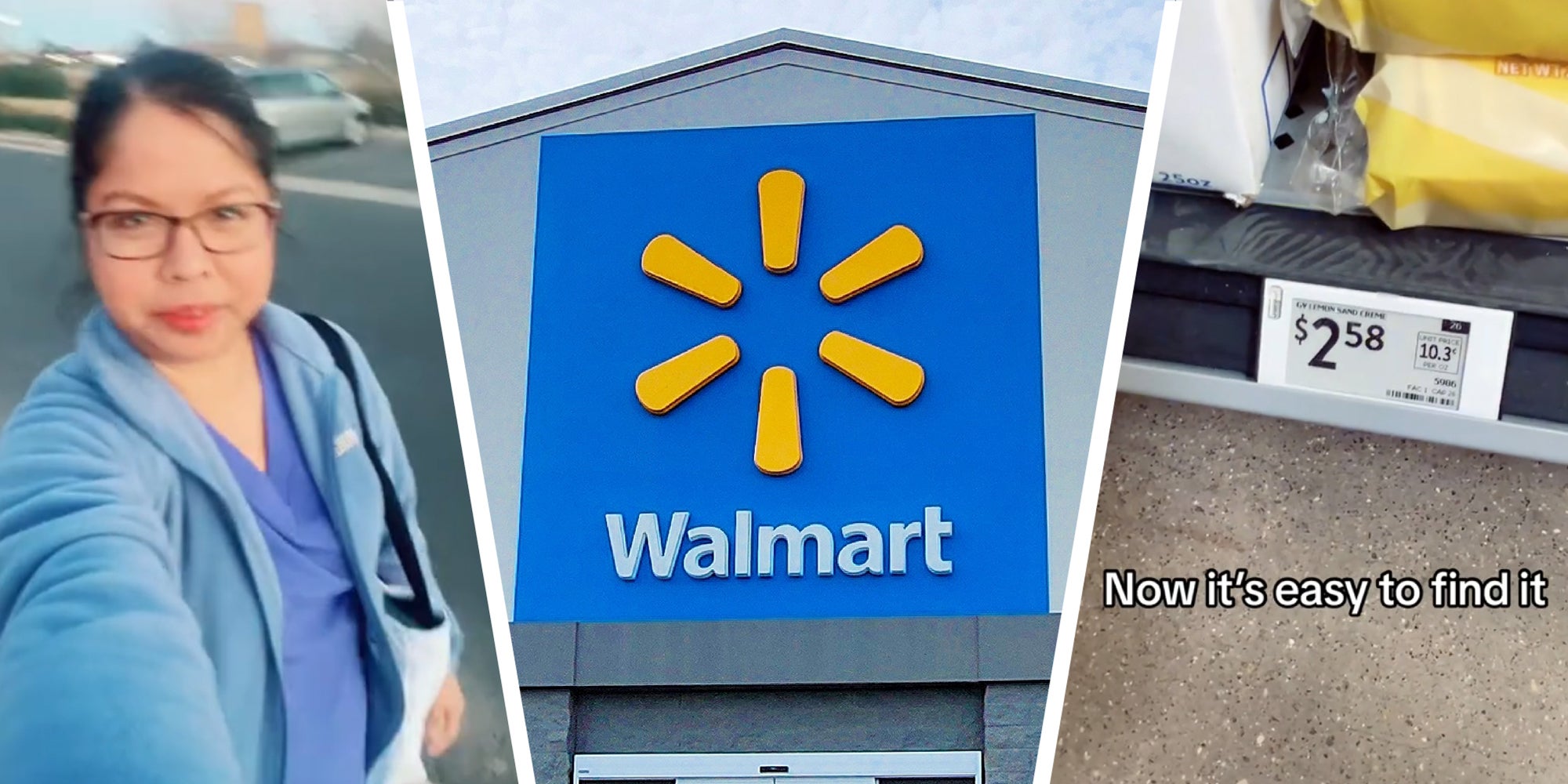 3 panel image: a person, the Walmart sign, and a price tag on a Walmart shelf.