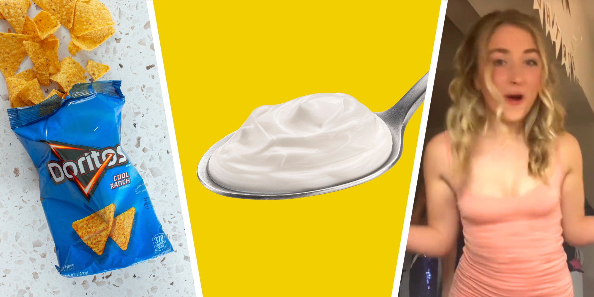 3 panel image a bag of doritos, a scoop of sour cream, and a person explaining.