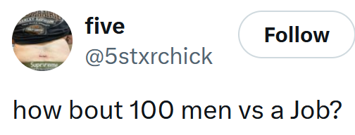 Tweet reading 'how bout 100 men vs a Job?'