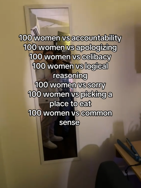 TikTok video with a list of '100 women vs.' jokes.