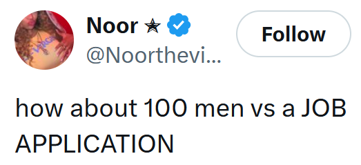 Tweet reading 'how about 100 men vs a JOB APPLICATION'