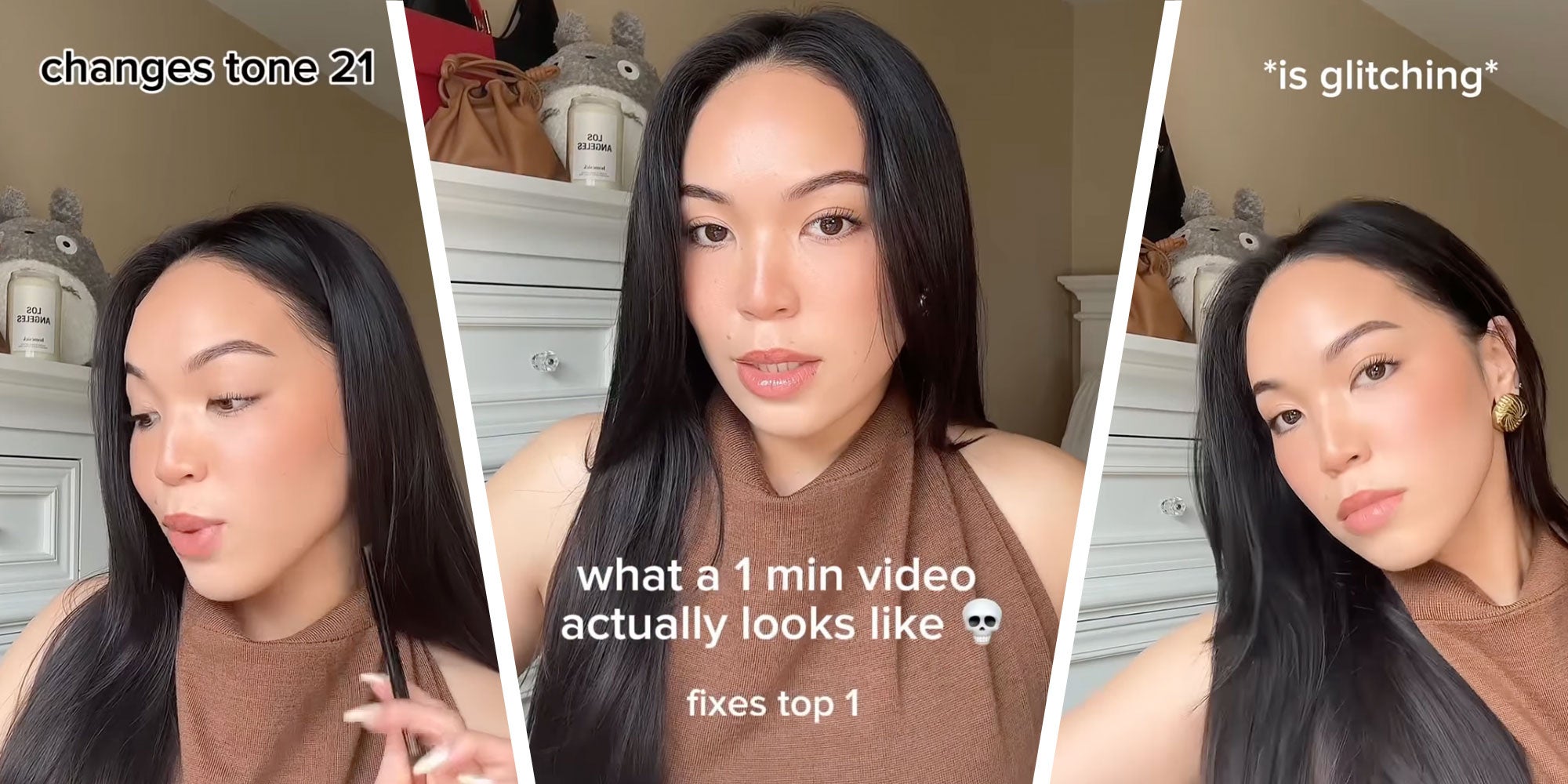 Three screenshots of Instagram user @inspiredmediaco with the captions 'changes tone 21', 'What a 1 minute video actually looks like [skull emoji]; fixes top 1', and '*is glitching**