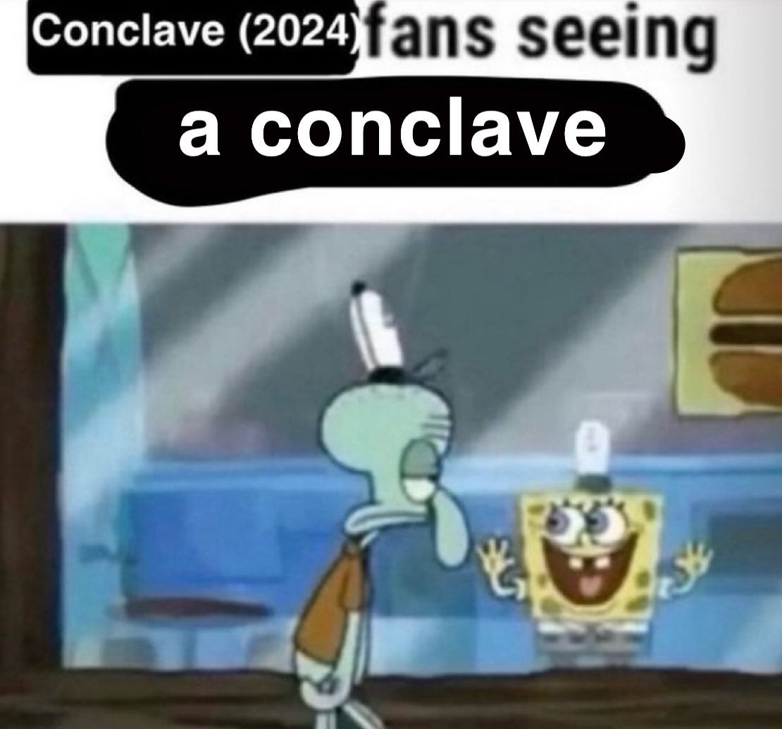 Conclave meme with SpongeBob SquarePants smiling at Squidward through a window.