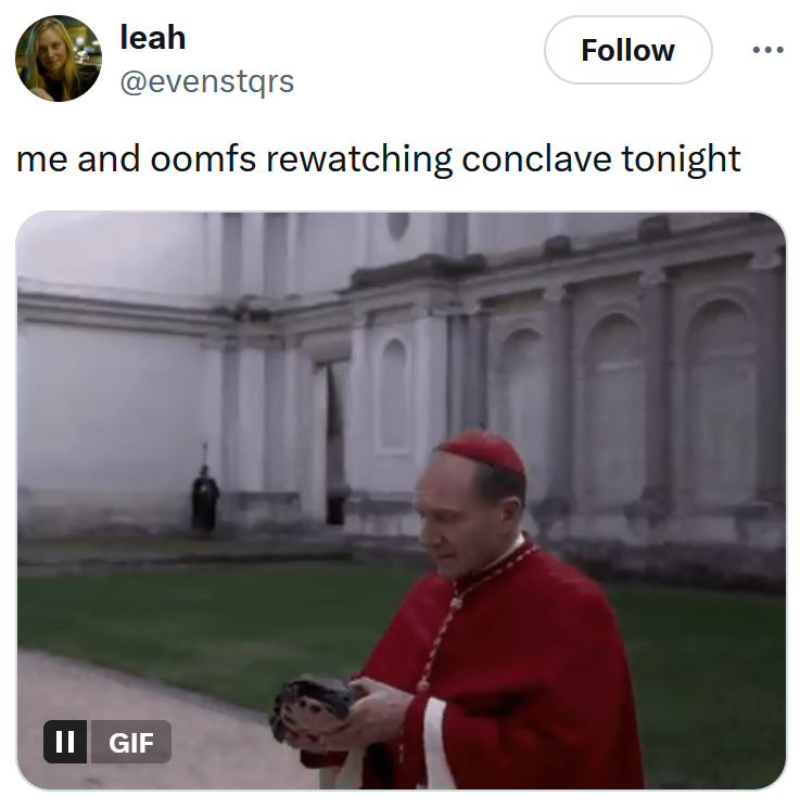 Tweet reading 'me and oomfs rewatching conclave tonight' with the Conclave turtle gif.
