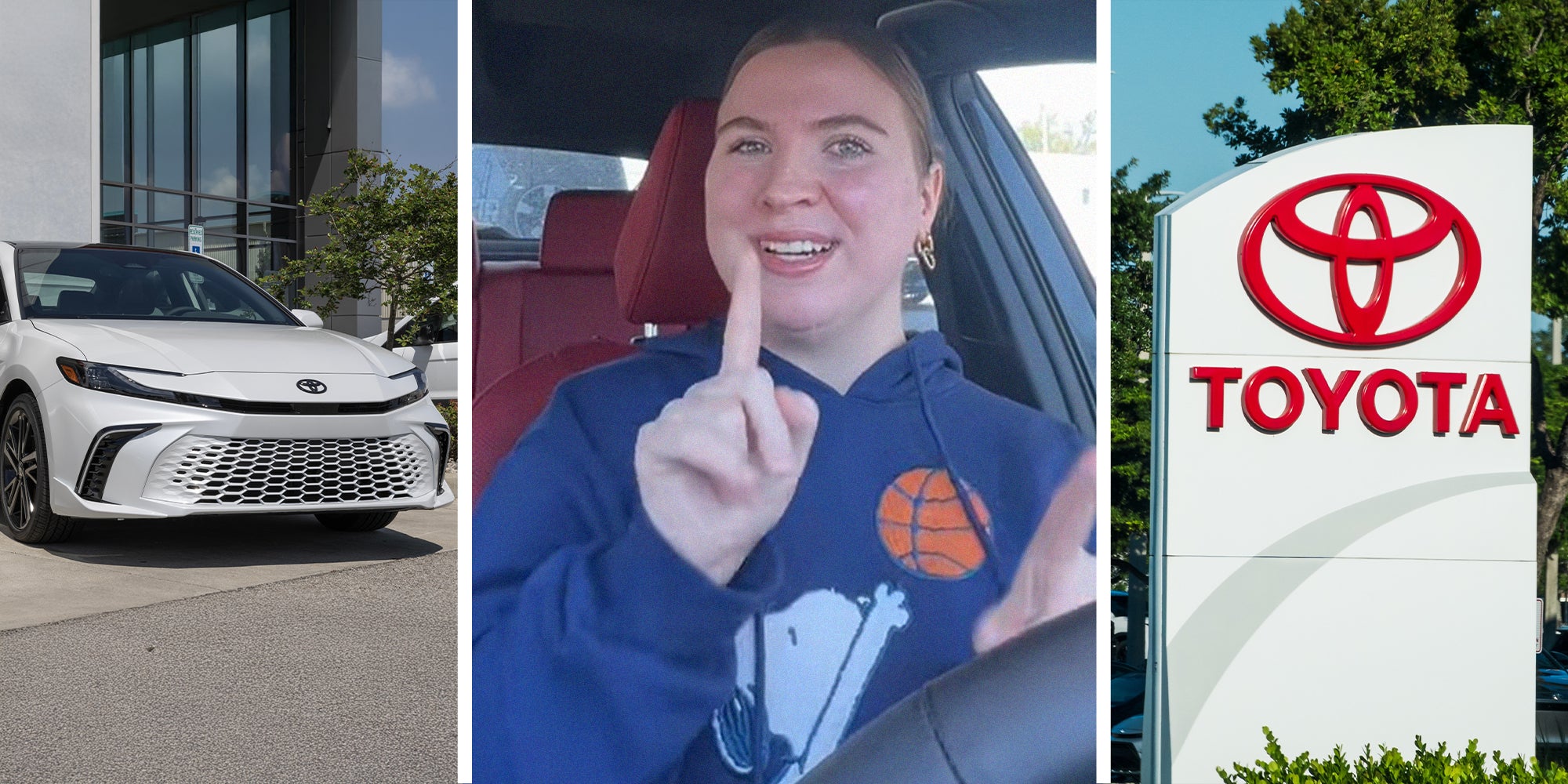 2025 toyota camry white(l) Woman inside her new 2025 toyota camry(c) Toyota Dealer Sign(r)