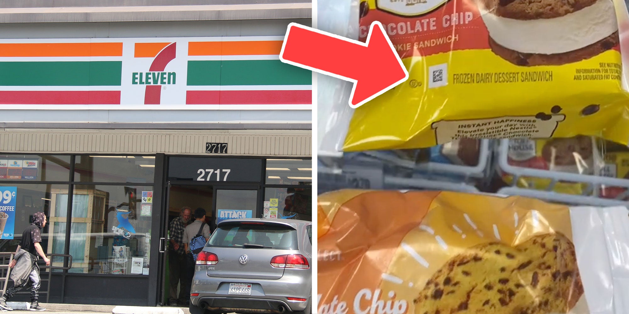 Photo of a 7-11; Screenshot from Tiktok user @chuydechingas of two Ice Cream sandwiches from 7-11.