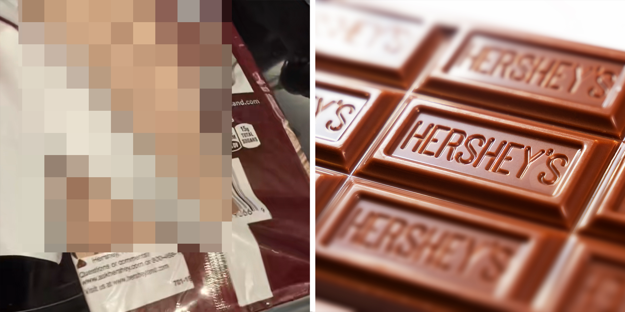 2 image split. Blurred image of chocolate on left. Hershey's chocolate on right.