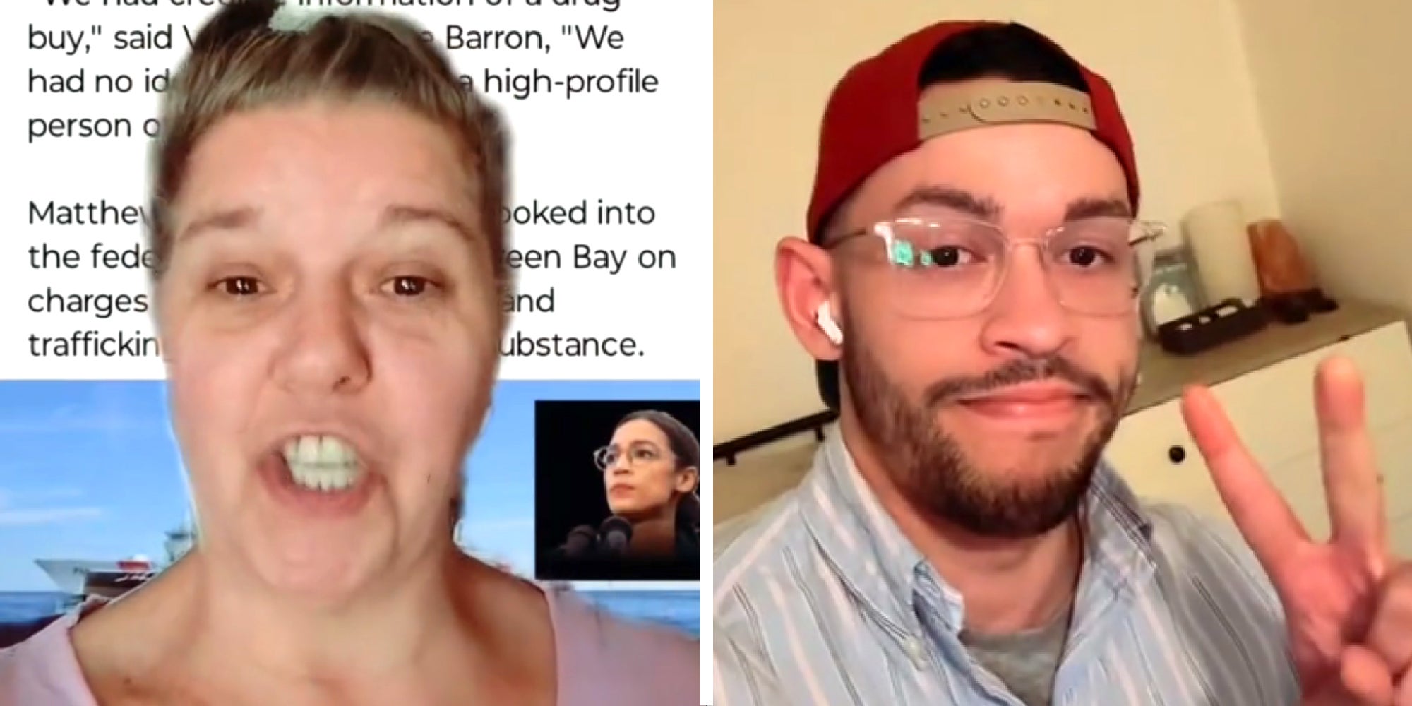 2 panel image: on the left a person explains in front of a screen grab, on the right a different person gives the peace sign.