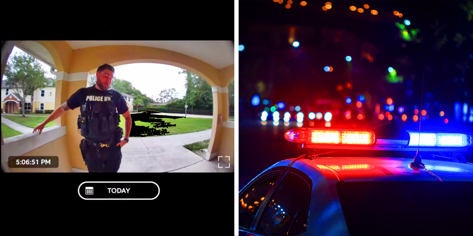 Police in front of the door, police lights in the dark