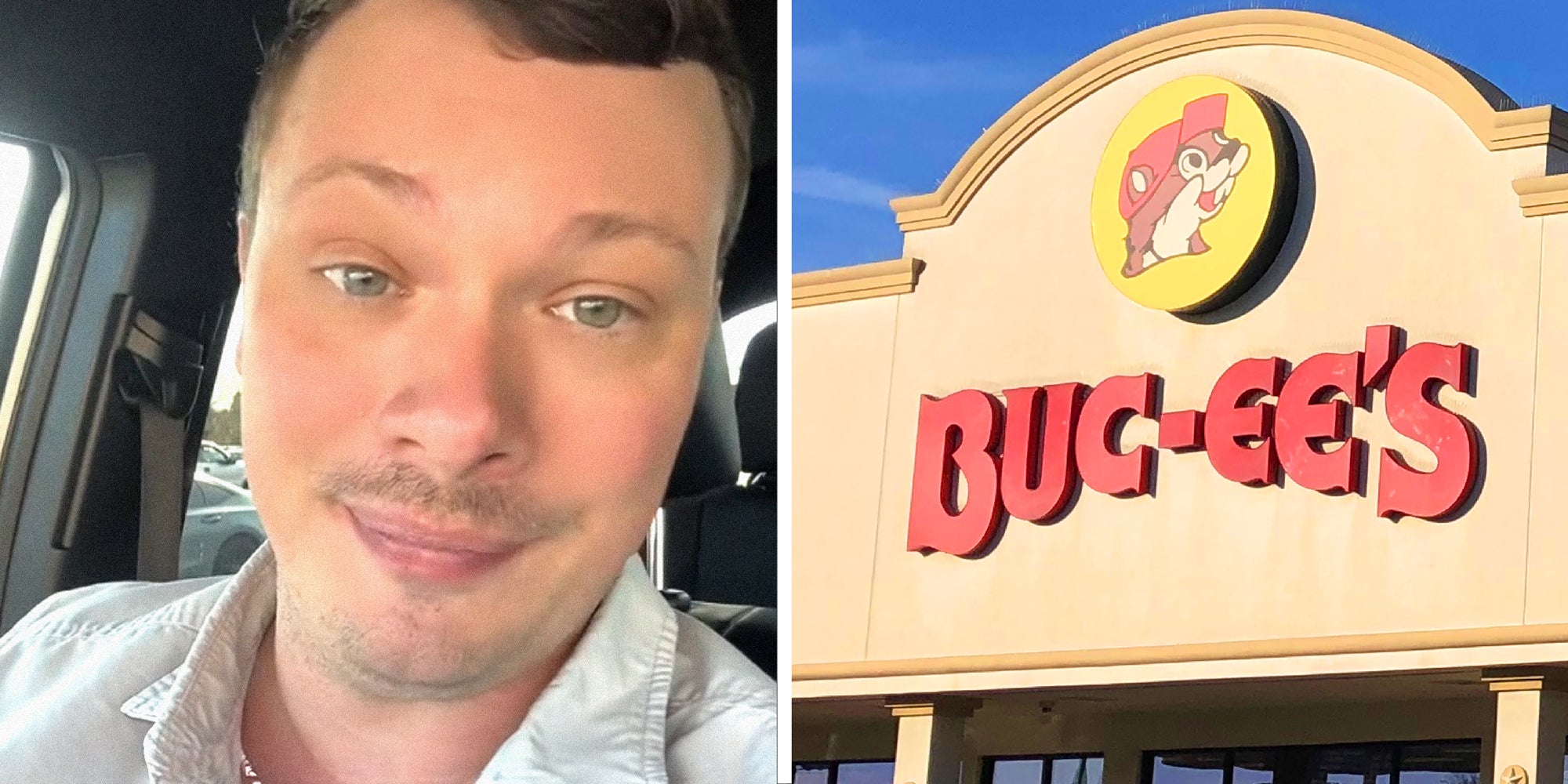 2 panel image: on the left a person explains and on the right is a Buc-ee's Store.